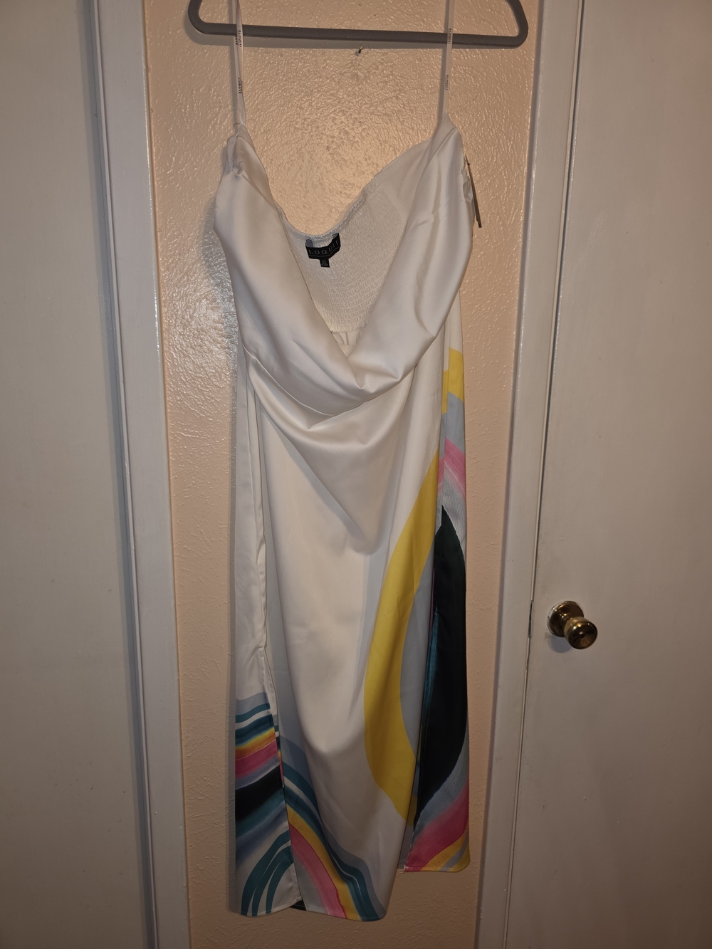 ELOQUII Abstract Rainbow Graphic Strapless Satin Midi Dress Size 24 NWT